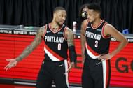 Damian Lillard (#0) and CJ McCollum (#3) of the Portland Trail Blazers